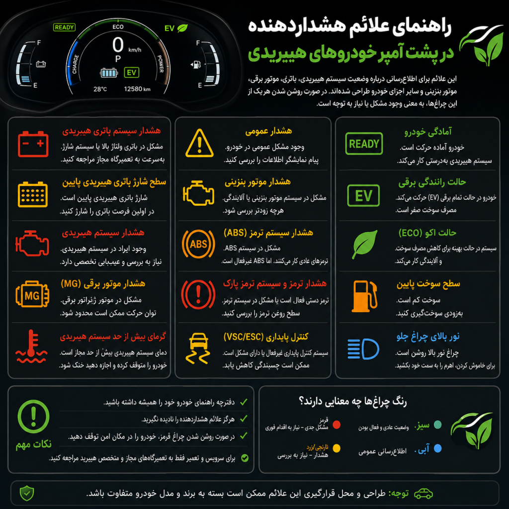 راهنمای علائم هشداردهنده در پشت آمپر خودروهای هیبریدی